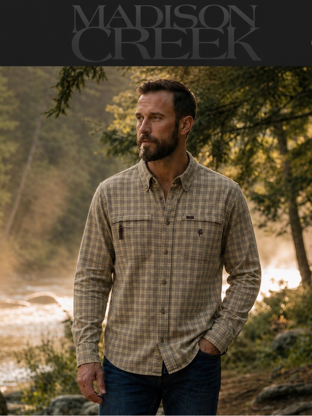 Madison Creek Men's Plaid Flannel Suede Trim Shirt in Olive/Tan, Size M